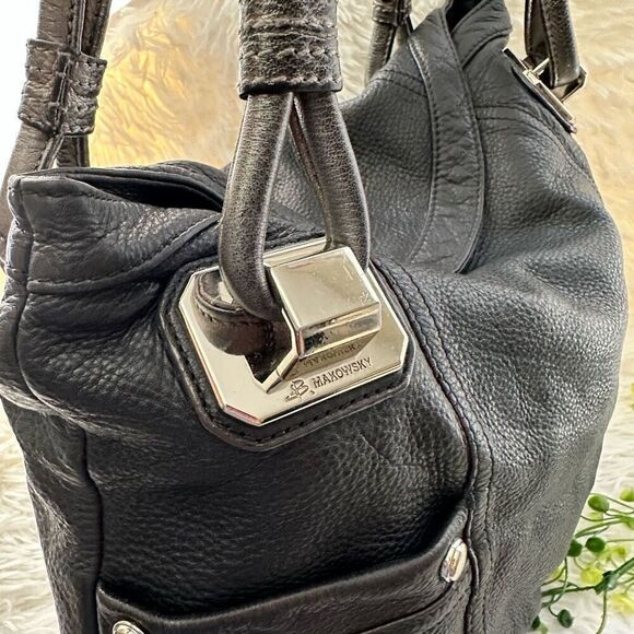 B. Makowsky Magnetic Flap Black Leather Metallic Gray Handles Shoulder Handbag - Picture 5 of 11